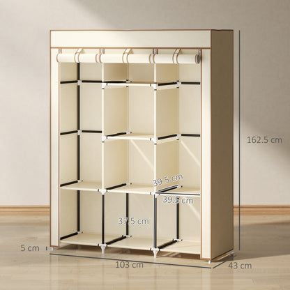 Fabric Portable Wardrobe with 8 Shelves 2 Hanging Rails, Cream White