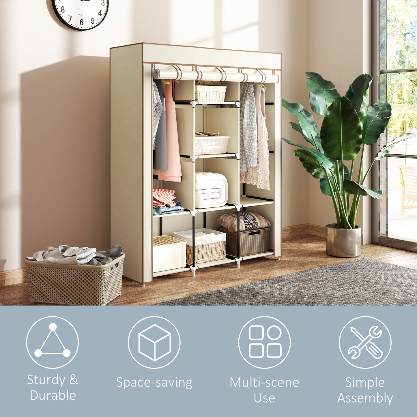 Fabric Portable Wardrobe with 8 Shelves 2 Hanging Rails, Cream White
