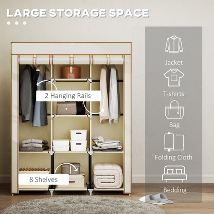 Fabric Portable Wardrobe with 8 Shelves 2 Hanging Rails, Cream White