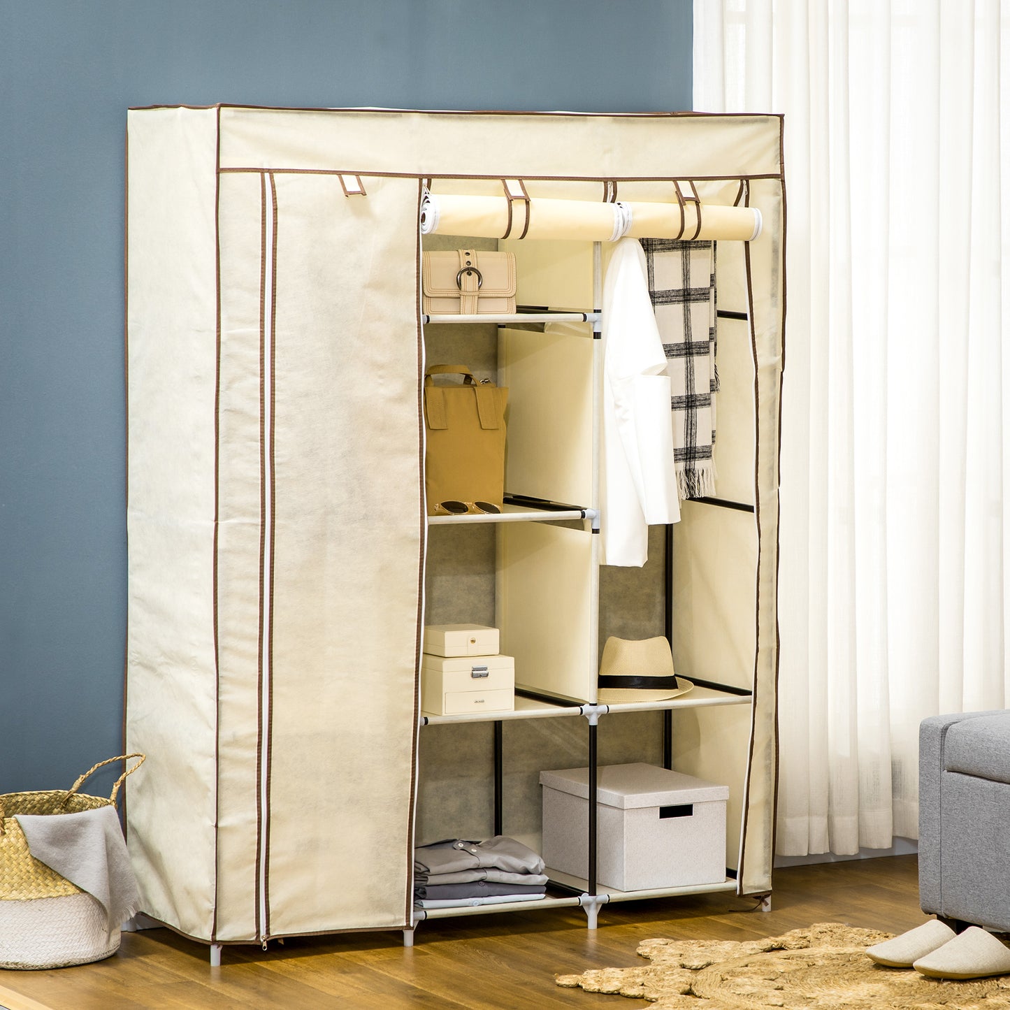 Fabric Portable Wardrobe with 8 Shelves 2 Hanging Rails, Cream White