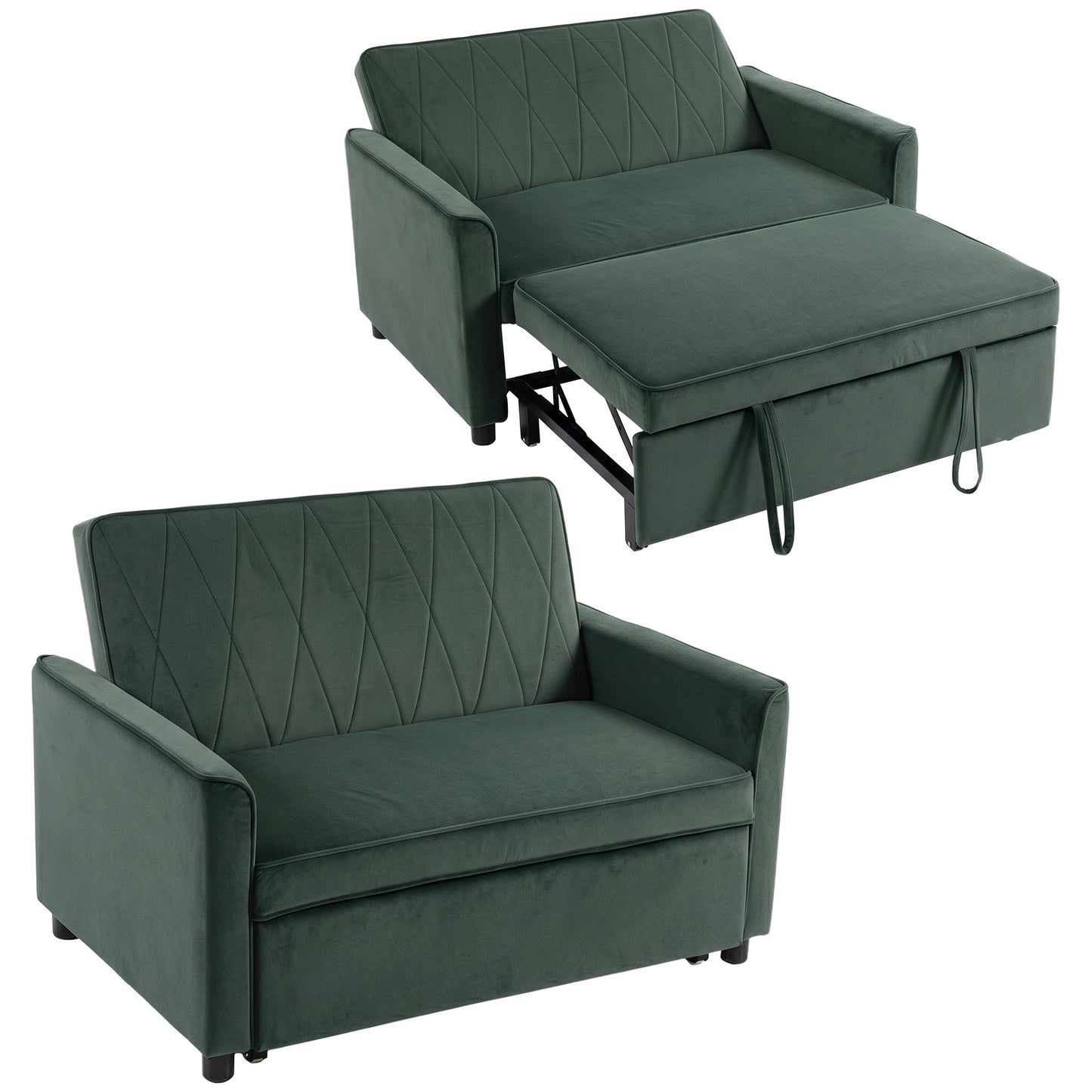 2 Seater Sofa Bed, 3-in-1 Convertible Pull Out Sleeper Sofa, Velvet Loveseat Bed Settee with Clik-Clack Adjustable Backrest, High-Density Foam for Living Room, Bedroom, Guest Room, Dark Green