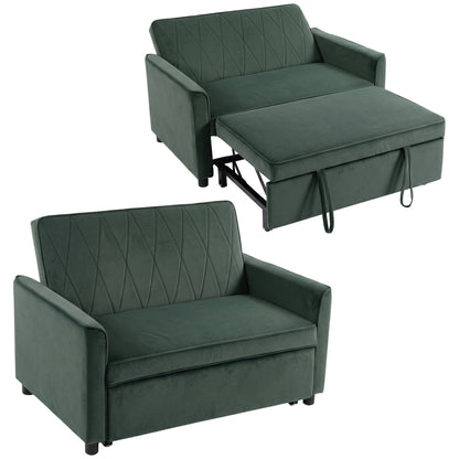 2 Seater Sofa Bed, 3-in-1 Convertible Pull Out Sleeper Sofa, Velvet Loveseat Bed Settee with Clik-Clack Adjustable Backrest, High-Density Foam for Living Room, Bedroom, Guest Room, Dark Green