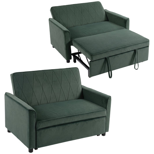 2 Seater Sofa Bed, 3-in-1 Convertible Pull Out Sleeper Sofa, Velvet Loveseat Bed Settee with Clik-Clack Adjustable Backrest, High-Density Foam for Living Room, Bedroom, Guest Room, Dark Green