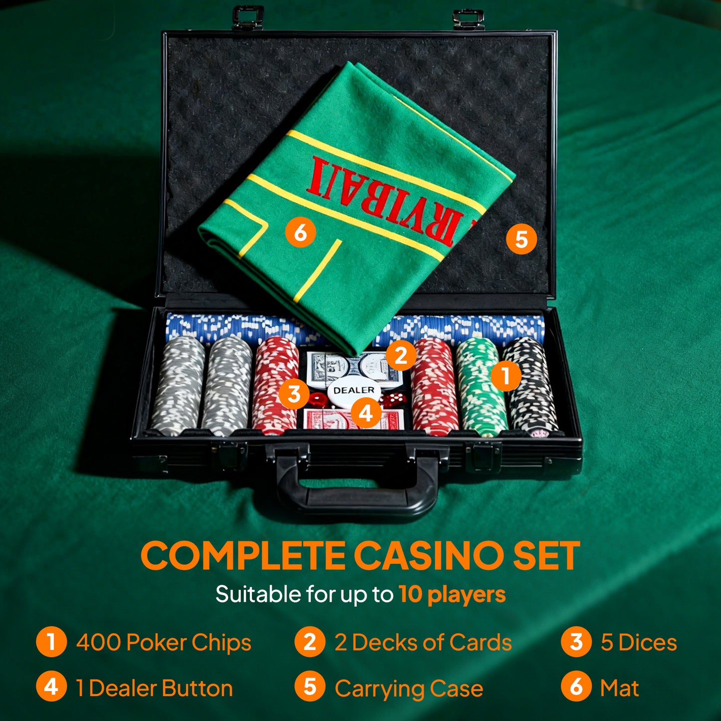 400-Piece Poker Chips Set, Texas Holdem Poker Set with Case, Mat