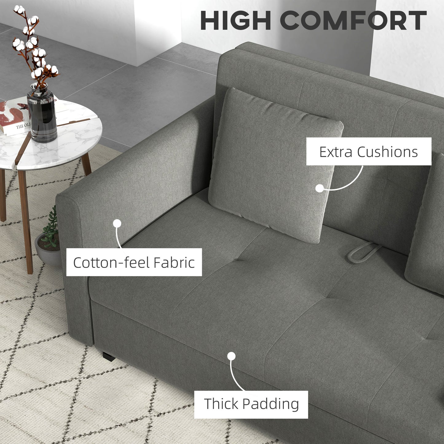 2 Seater Sofa Bed, Convertible Bed Settee, Modern Fabric Loveseat Sofa Couch w/ Cushions, Hidden Storage for Guest Room, Grey