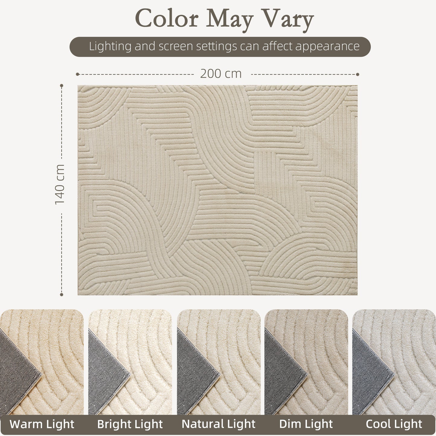 Modern Geometric Rug, Thick & Plush, Non-Slip, 200 x 140 cm – Cream