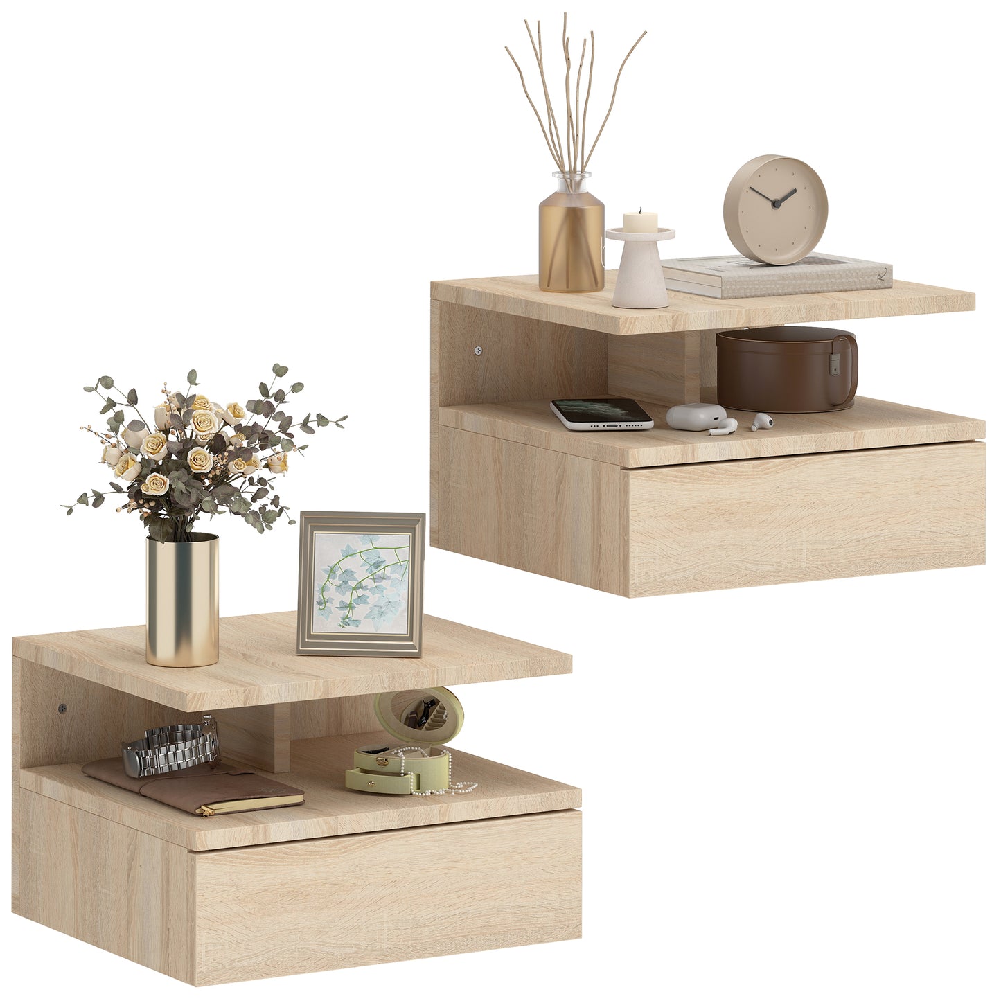 Modern Nightstand Set of 2, Wall Mounted Bedside Cabinet, Oak