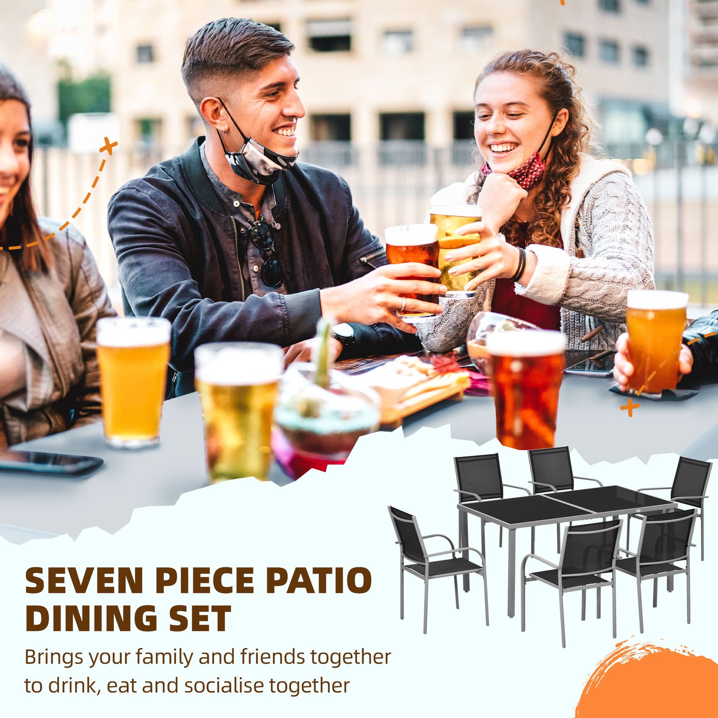 7 Piece Garden Dining Set, Steel Outdoor Table and Chairs, Black