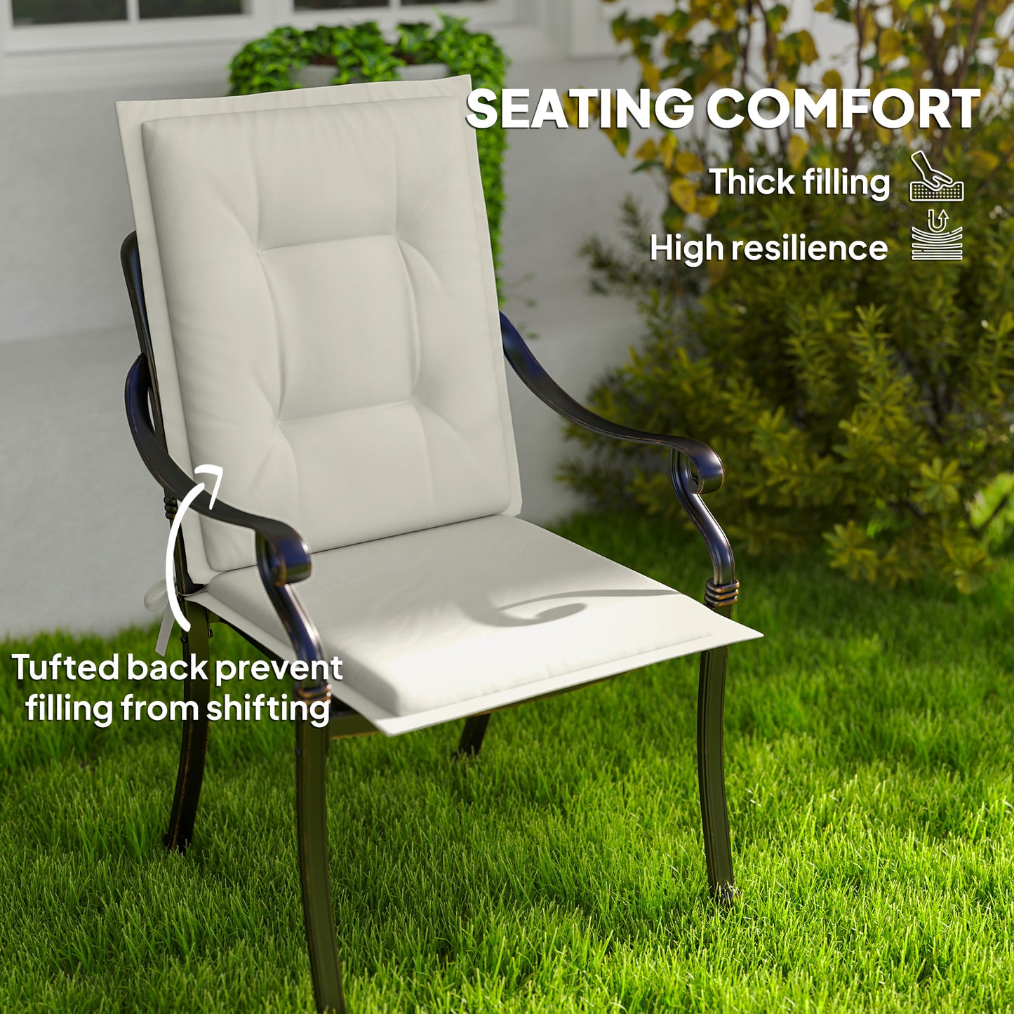Set of 4 Garden Chair Cushions, Outdoor Seat Pads, White