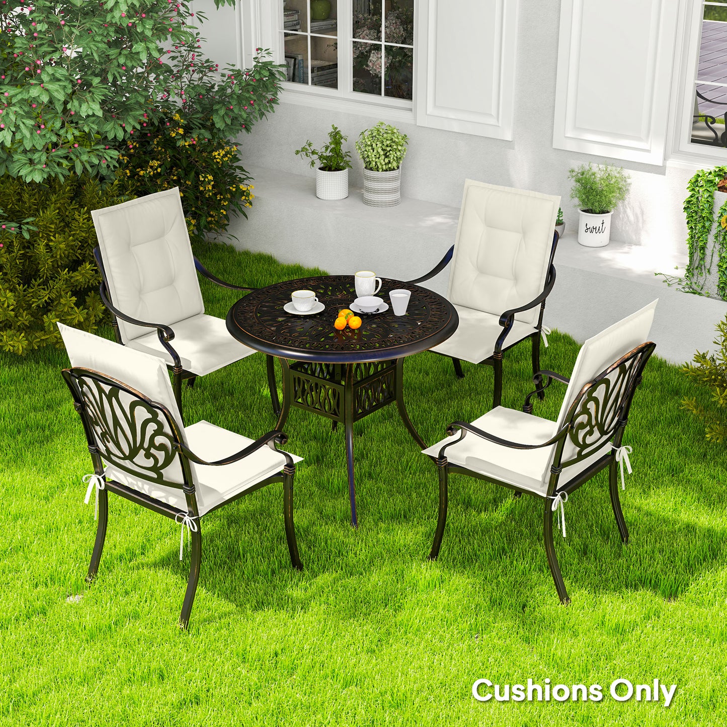 Set of 4 Garden Chair Cushions, Outdoor Seat Pads, White