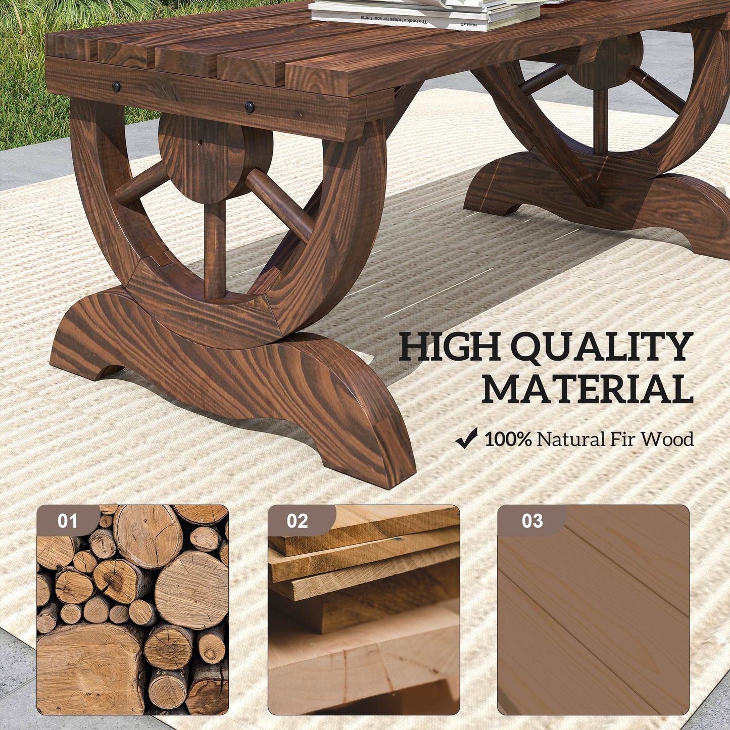 Wooden Wheel Bench Rustic Outdoor Patio Garden Seat 2-Person Brown