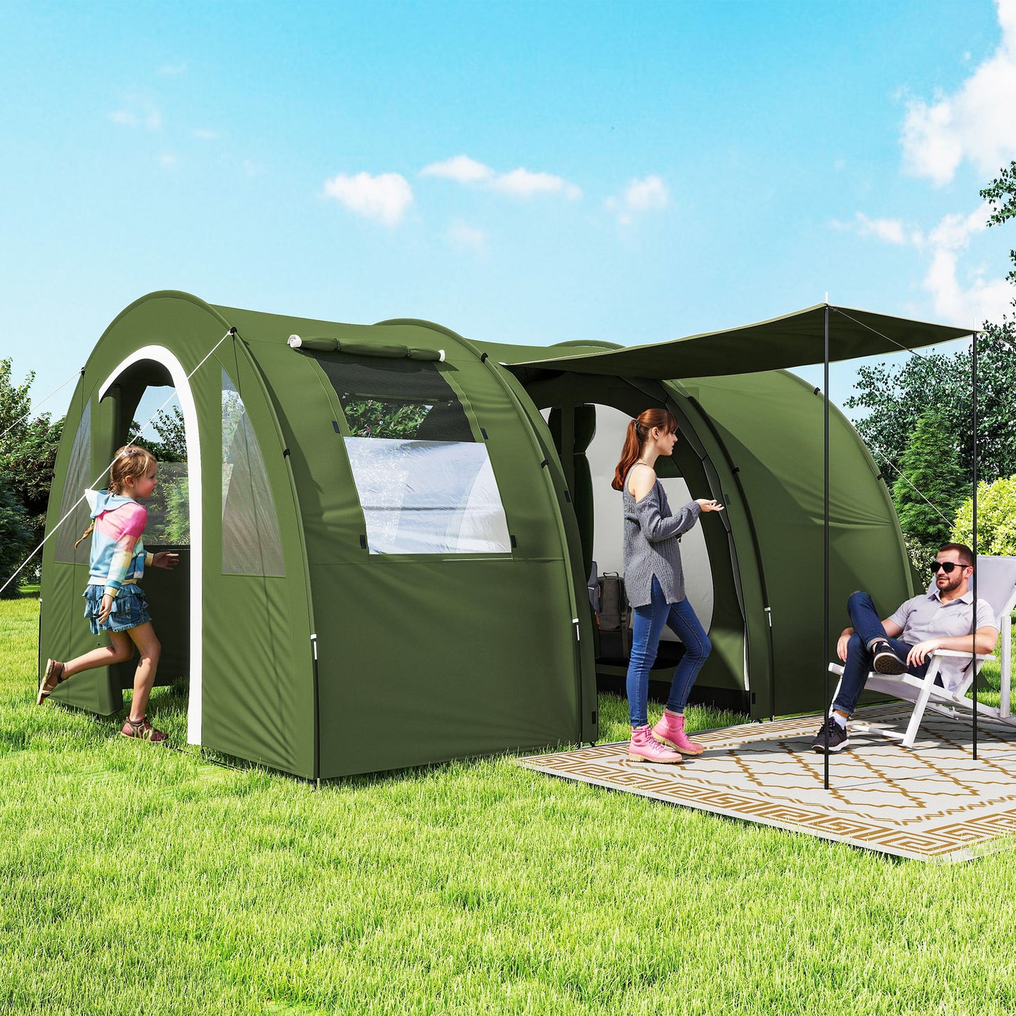 5-6 Man Family Tent Camping Tent with 2 Room and Carry Bag, Green