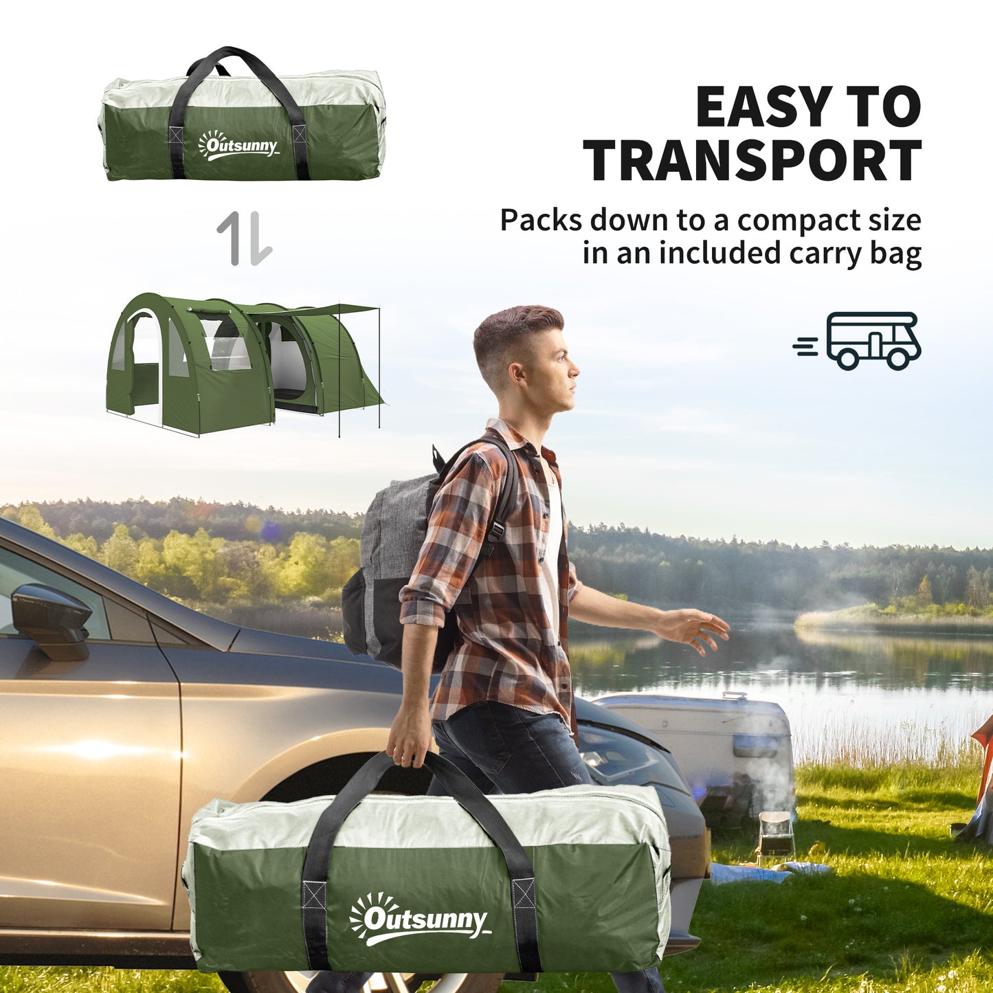 5-6 Man Family Tent Camping Tent with 2 Room and Carry Bag, Green