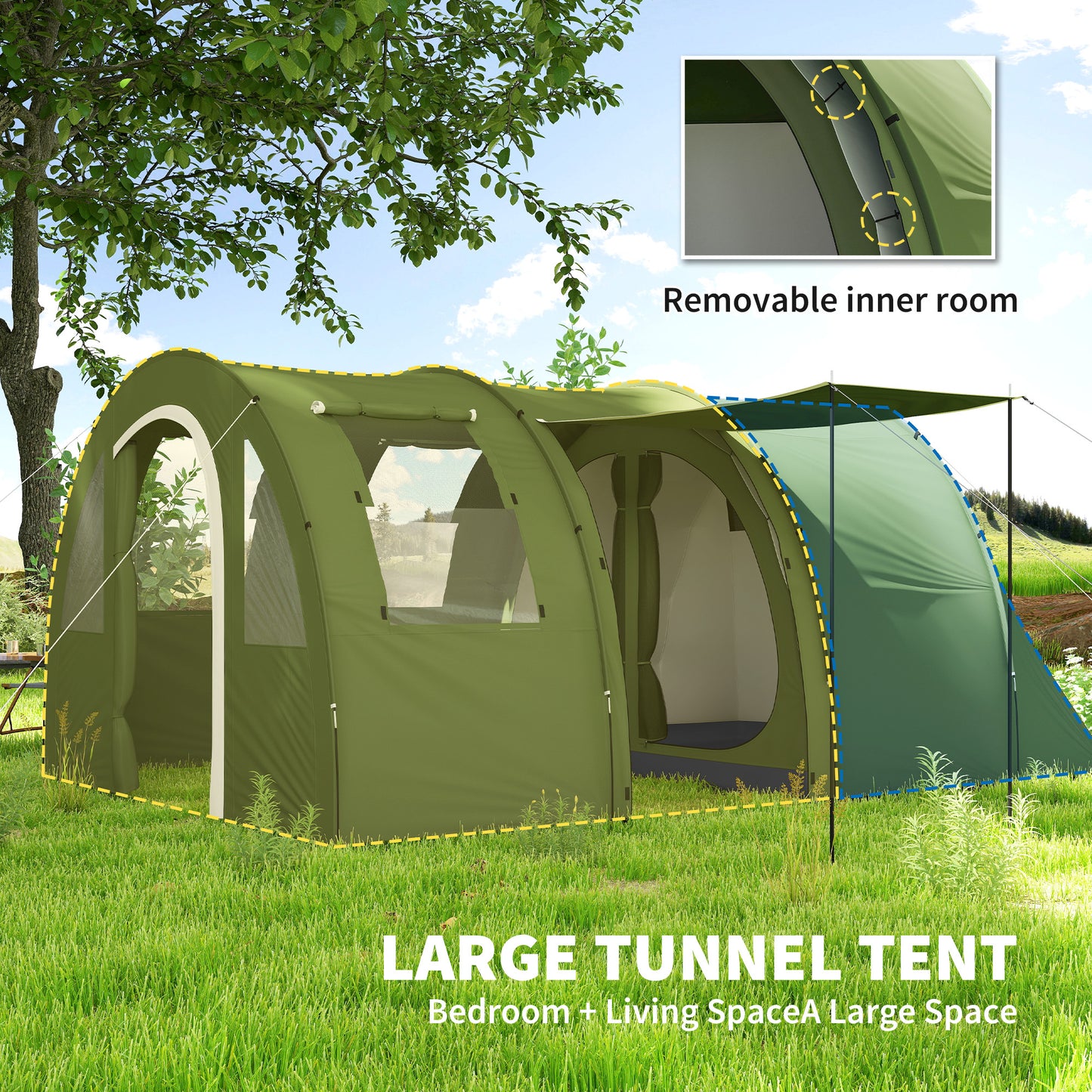 5-6 Man Family Tent Camping Tent with 2 Room and Carry Bag, Green