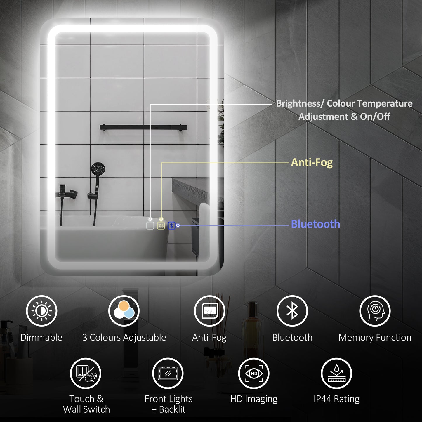 500 x 700 mm Illuminated Bathroom Mirror with Bluetooth Silver