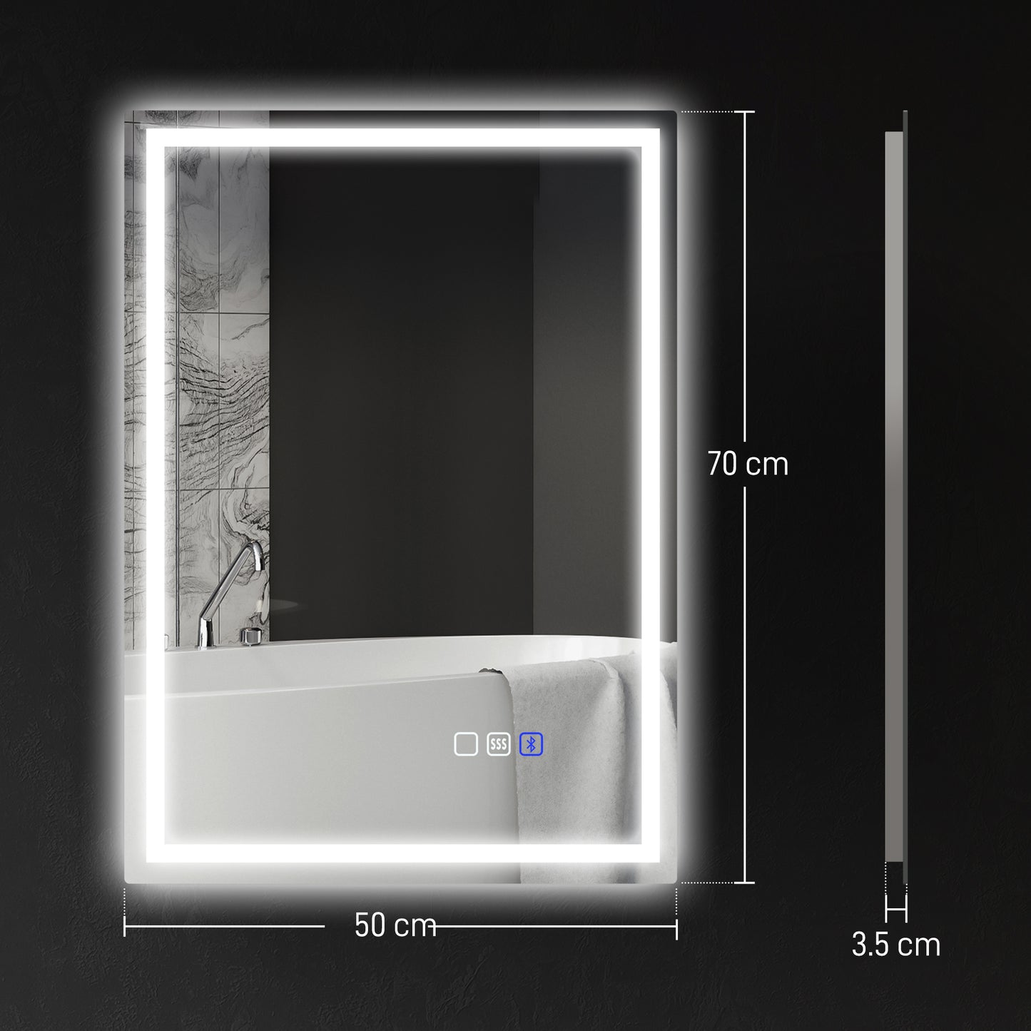 500 x 700 mm Illuminated Bathroom Mirror with Bluetooth Silver