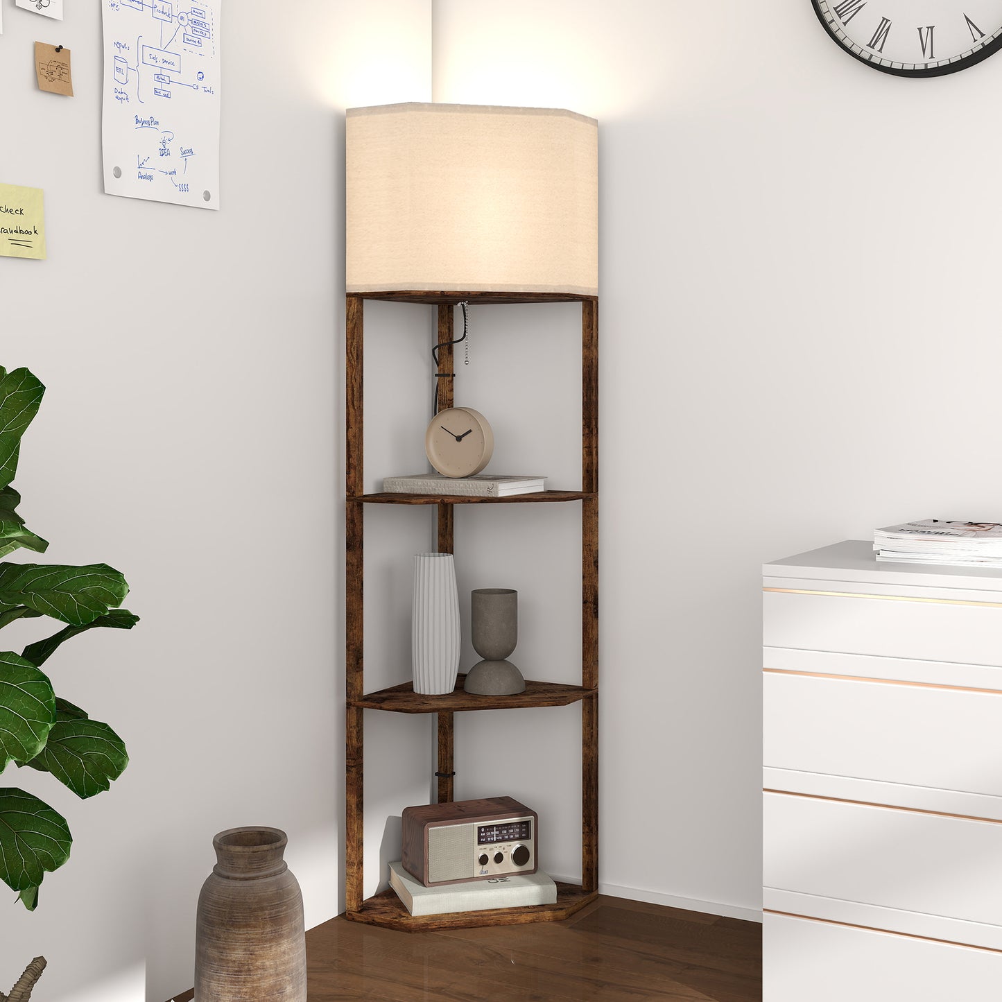 Corner Modern Floor Lamp with Shelves for Living Room, Rustic Brown