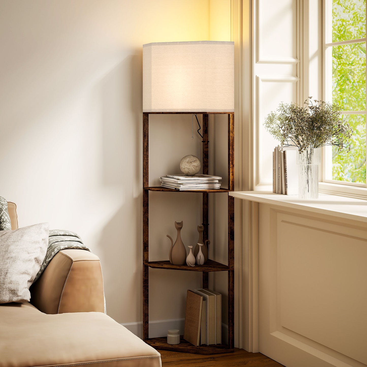 Corner Modern Floor Lamp with Shelves for Living Room, Rustic Brown
