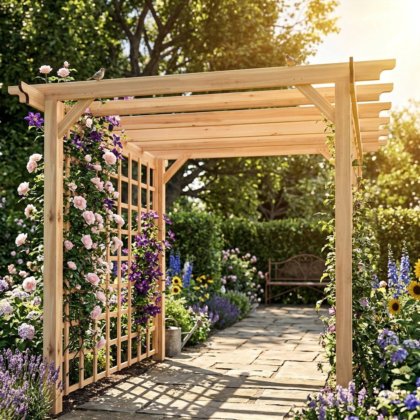 3 x 3 m Wooden Pergola Gazebo Arch with Trellis, Nature Wood Finish