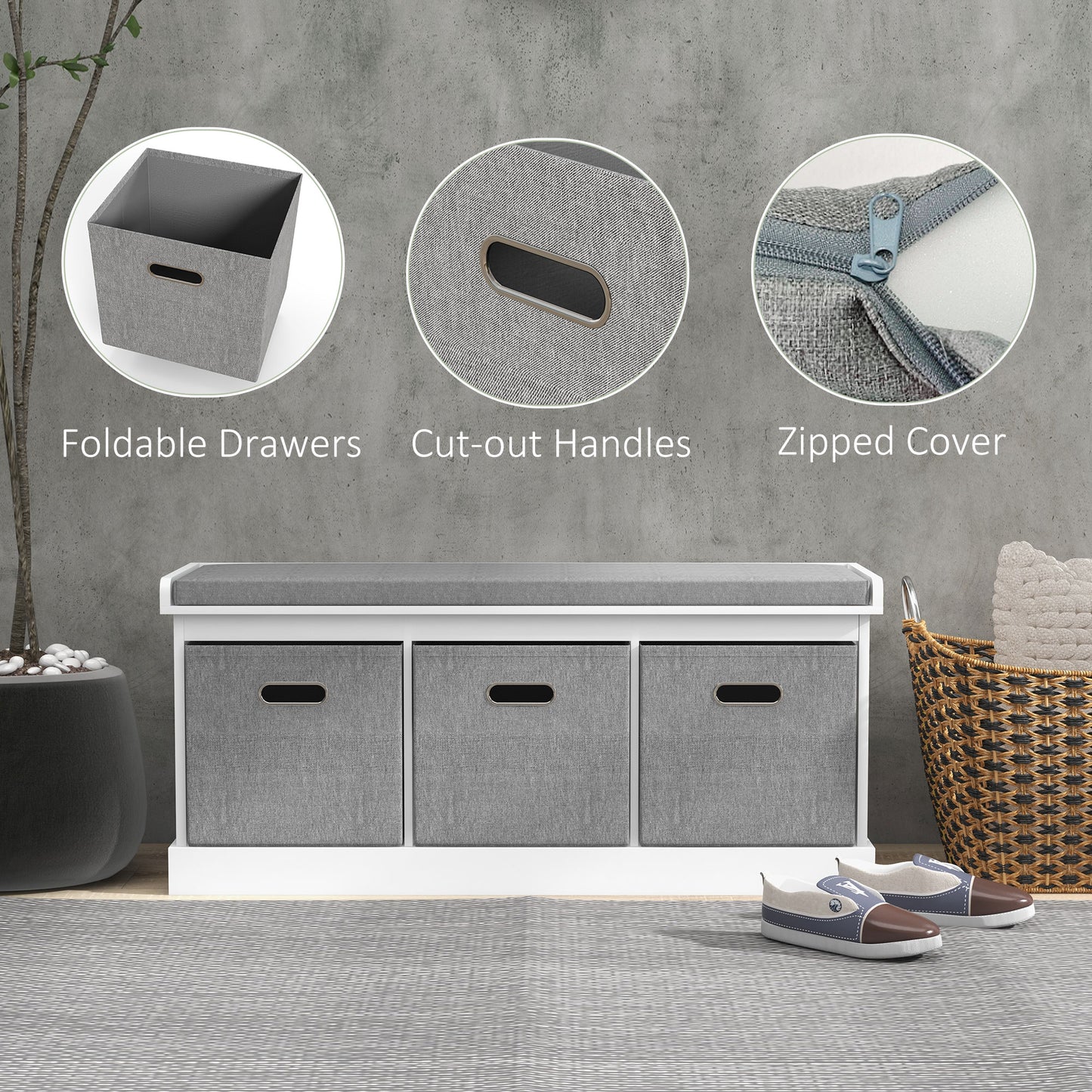 Shoe Bench with Seat, Shoe Storage Bench with Fabric Drawers, White