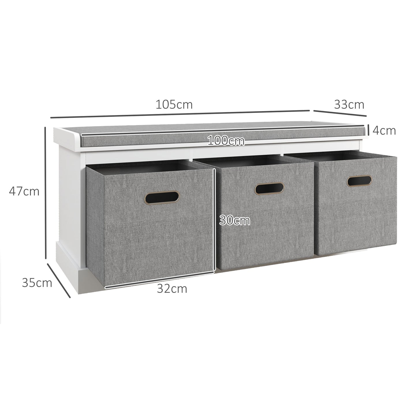 Shoe Bench with Seat, Shoe Storage Bench with Fabric Drawers, White