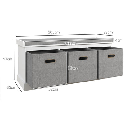 Shoe Bench with Seat, Shoe Storage Bench with Fabric Drawers, White
