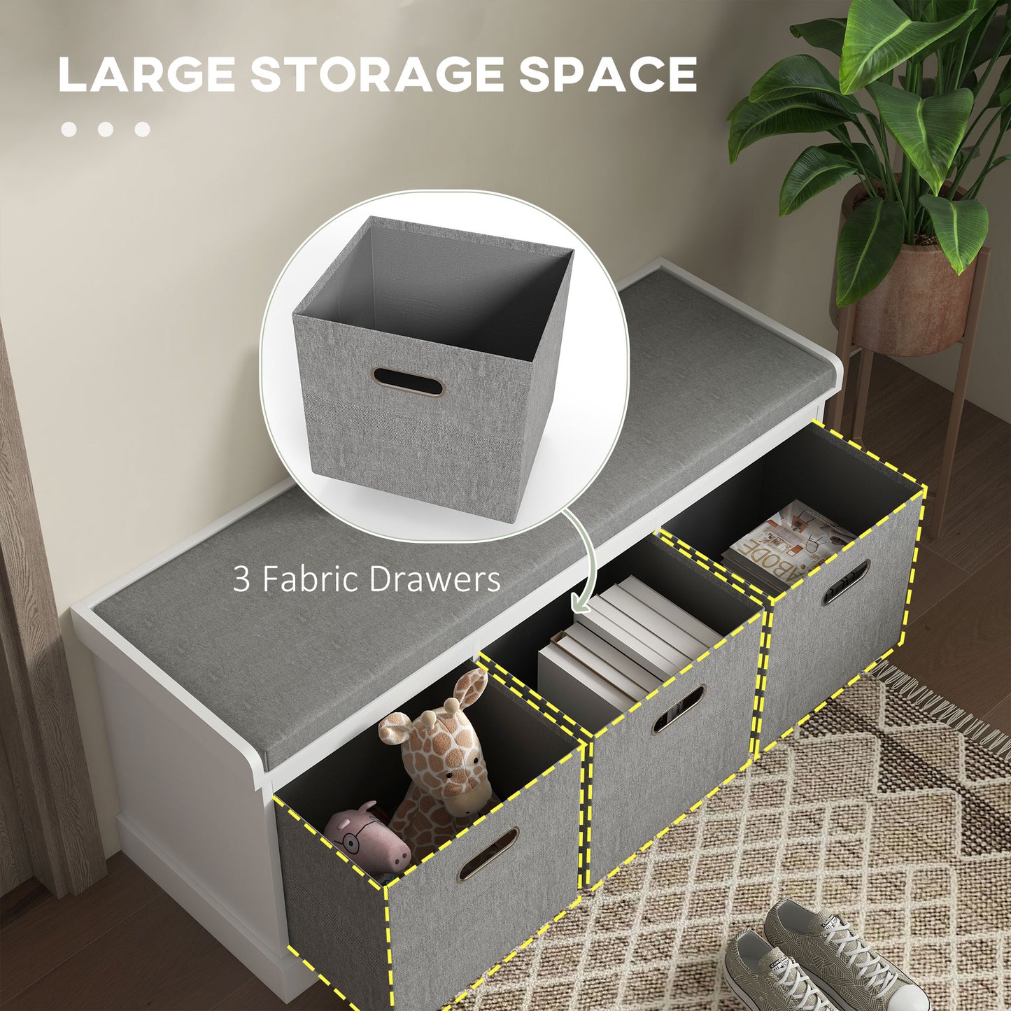 Shoe Bench with Seat, Shoe Storage Bench with Fabric Drawers, White