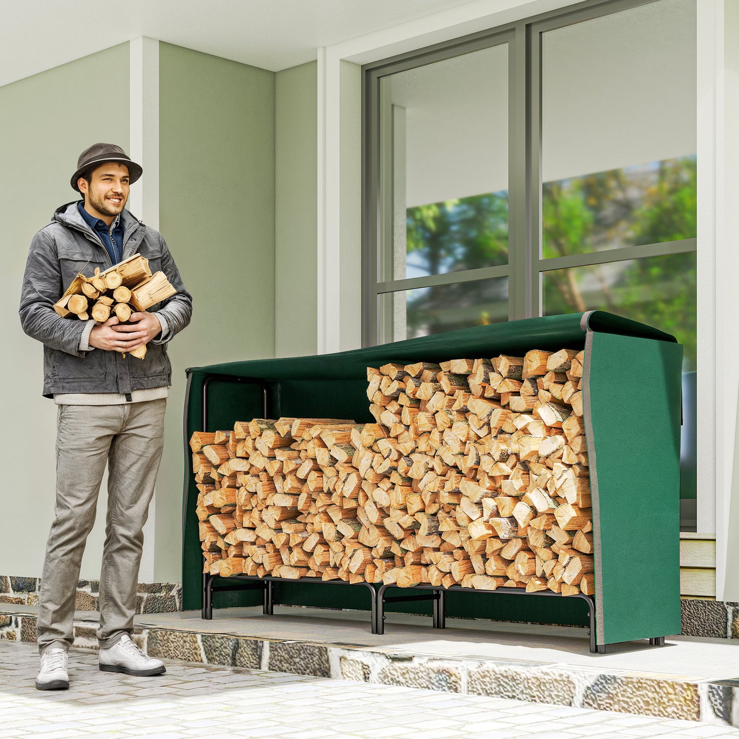 Metal Firewood Rack, Log Holder, 200 x 36 x 99 cm, Dark Green
