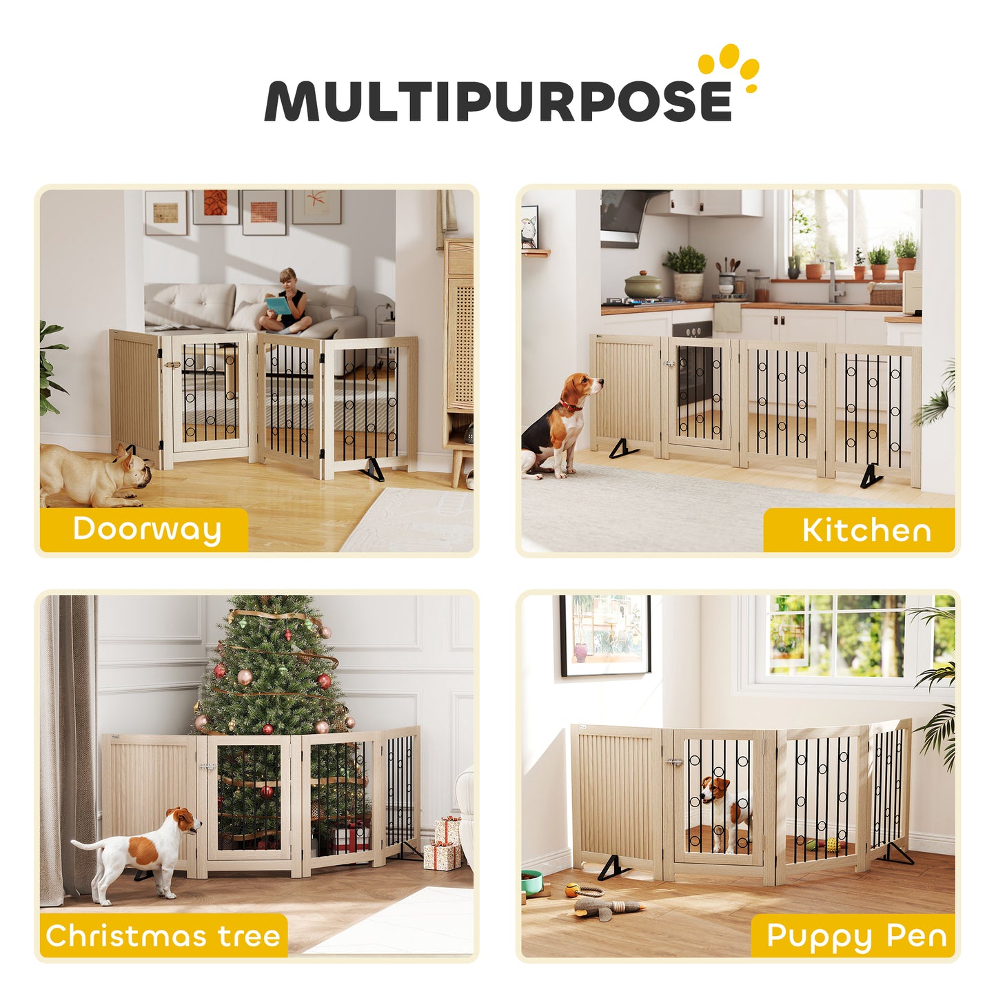 4 Panel Freestanding Pet Gate Foldable with Door for Stairs, Doorway