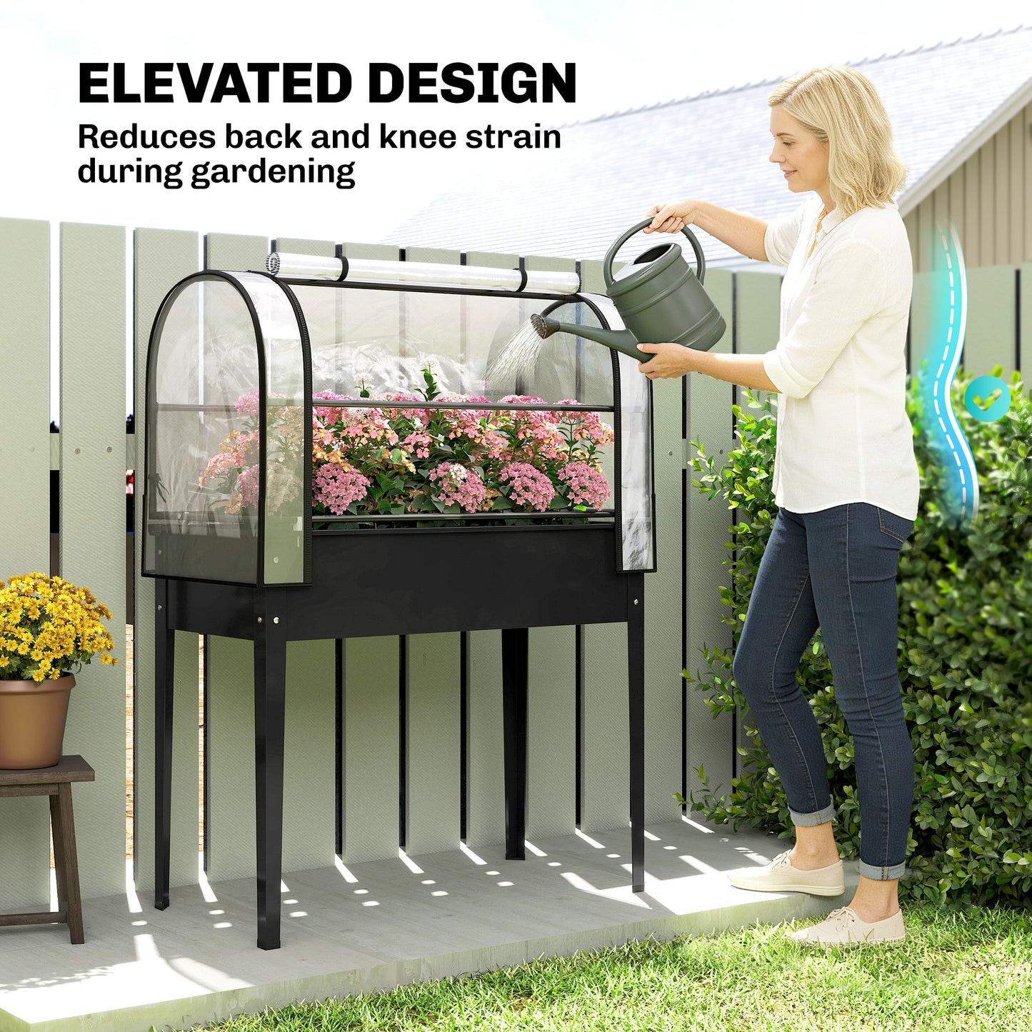 Metal Raised Planter with Flip-Up Greenhouse, Drainage Hole, Black