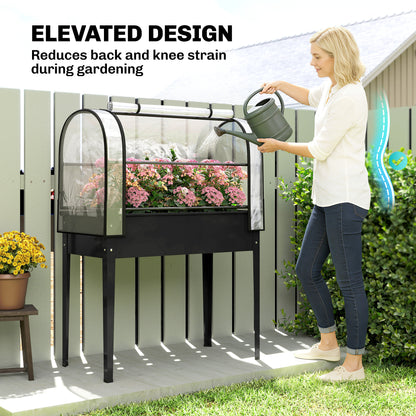 Metal Raised Planter with Flip-Up Greenhouse, Drainage Hole, Black