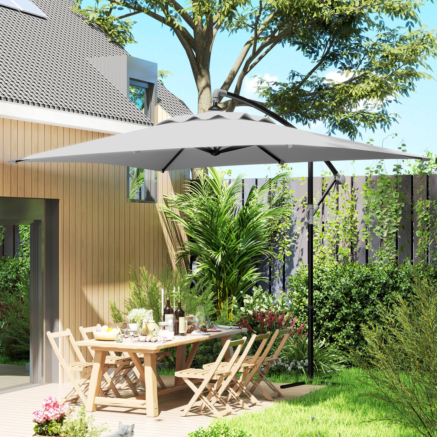 3 m Cantilever Parasol with Cross Base, Crank Handle, Light Grey