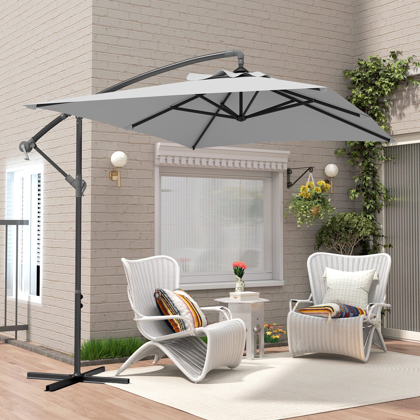3 m Cantilever Parasol with Cross Base, Crank Handle, Light Grey