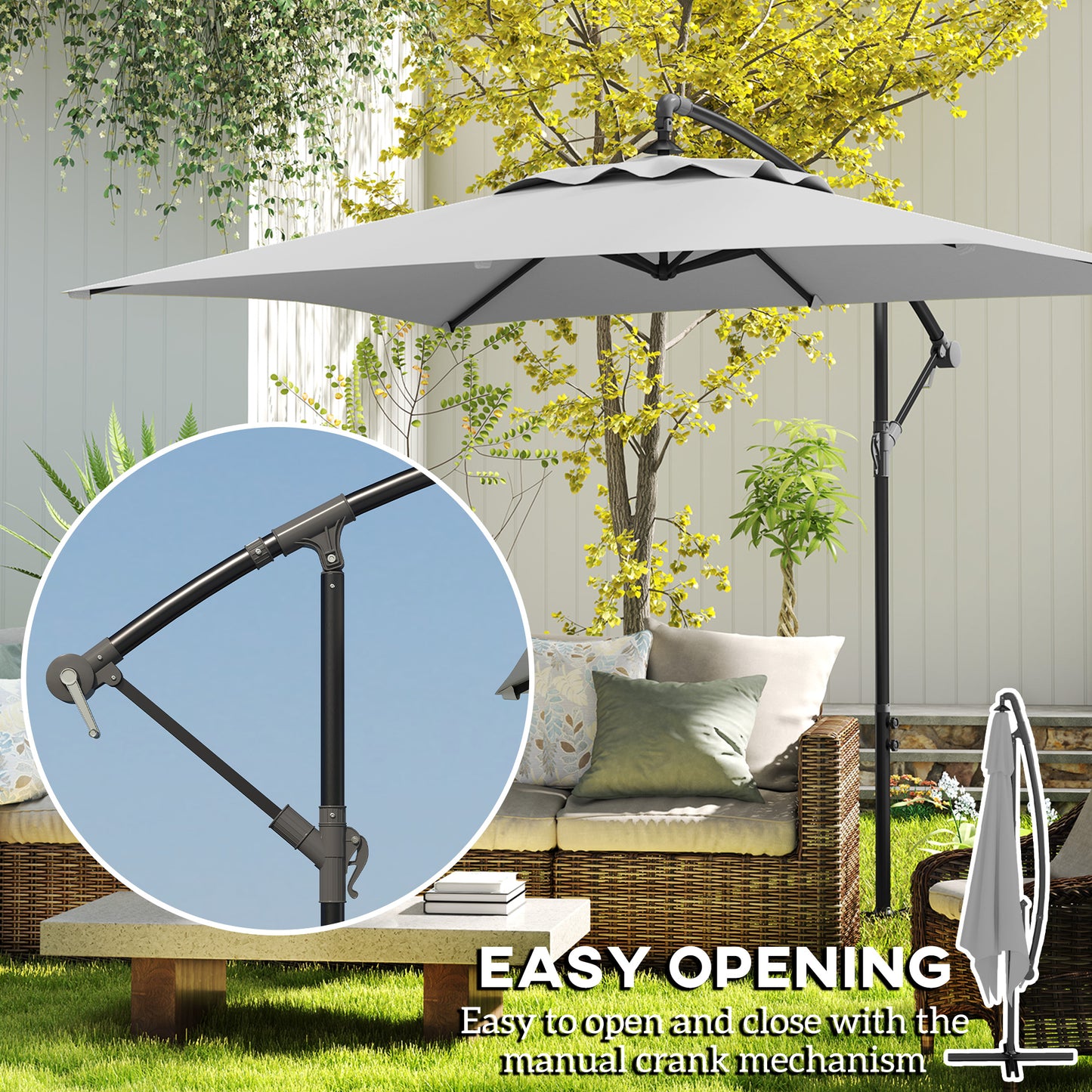 3 m Cantilever Parasol with Cross Base, Crank Handle, Light Grey