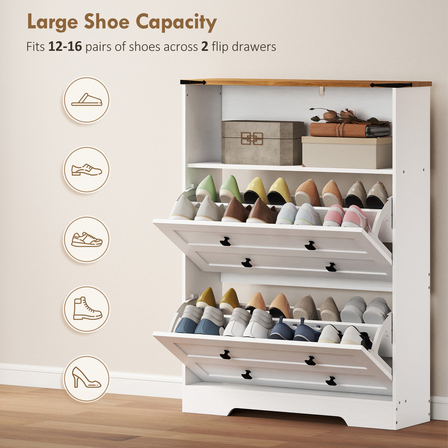 Narrow Shoe Cabinet, Farmhouse Shoe Storage Cabinet with 2 Flip Drawers, Adjustable Shelves and Open Shelf for Hallway, Space Saving, Holds 12-16 Pairs, White