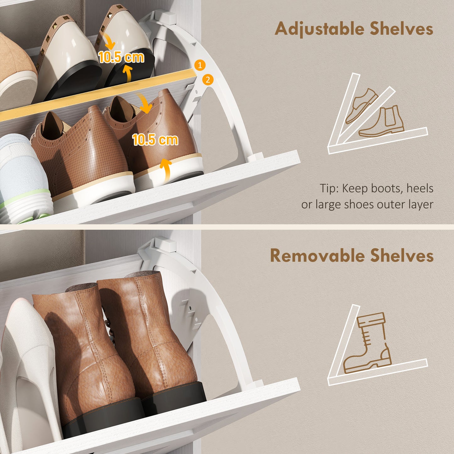 Narrow Shoe Cabinet, Farmhouse Shoe Storage Cabinet with 2 Flip Drawers, Adjustable Shelves and Open Shelf for Hallway, Space Saving, Holds 12-16 Pairs, White