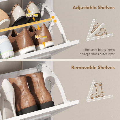 Narrow Shoe Cabinet, Farmhouse Shoe Storage Cabinet with 2 Flip Drawers, Adjustable Shelves and Open Shelf for Hallway, Space Saving, Holds 12-16 Pairs, White