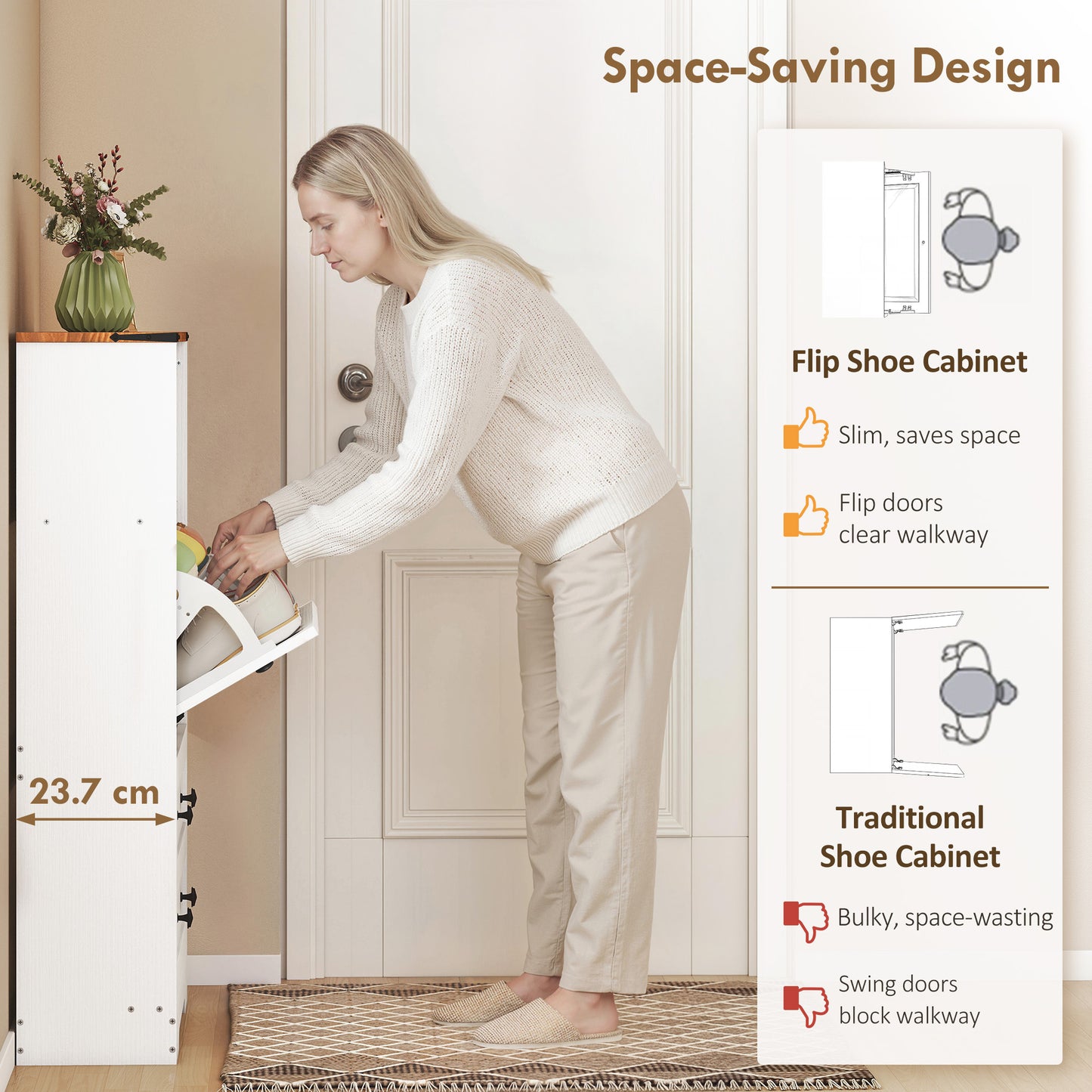 Narrow Shoe Cabinet, Farmhouse Shoe Storage Cabinet with 2 Flip Drawers, Adjustable Shelves and Open Shelf for Hallway, Space Saving, Holds 12-16 Pairs, White