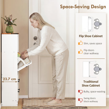 Narrow Shoe Cabinet, Farmhouse Shoe Storage Cabinet with 2 Flip Drawers, Adjustable Shelves and Open Shelf for Hallway, Space Saving, Holds 12-16 Pairs, White