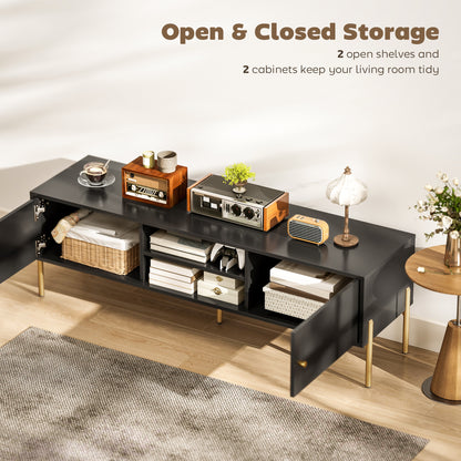 TV Stand for Television up to 65 Inch, Modern Entertainment Center with 2 Open Shelves, 2 Cabinets and 5 Steel Legs, TV Console with 2 Cable Holes for Living Room, Black
