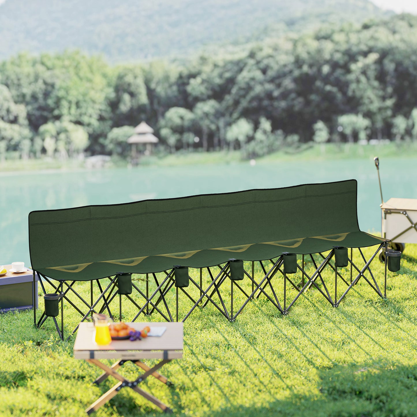 6 Seater Folding Bench Camping Chair with Cup Holder, Green