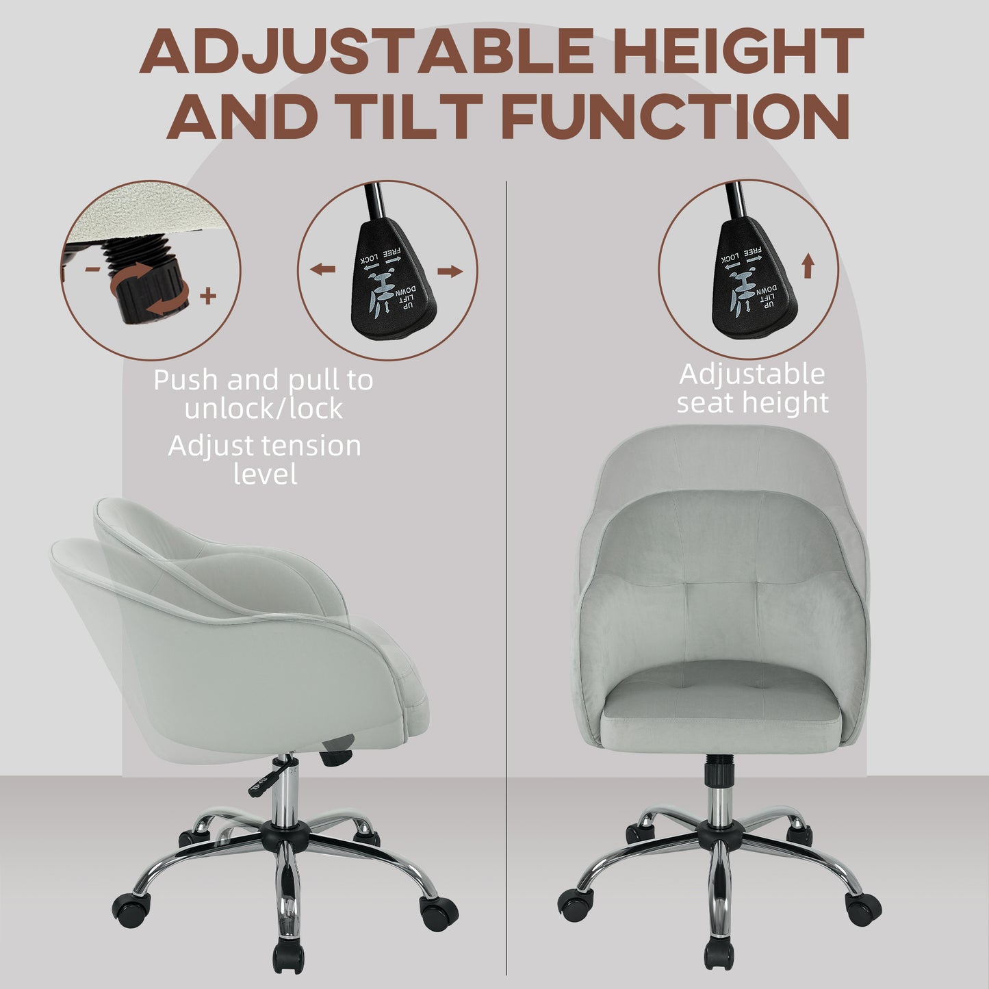 Vanity Chair for Desk, with Height Adjustable, Wheels, Grey