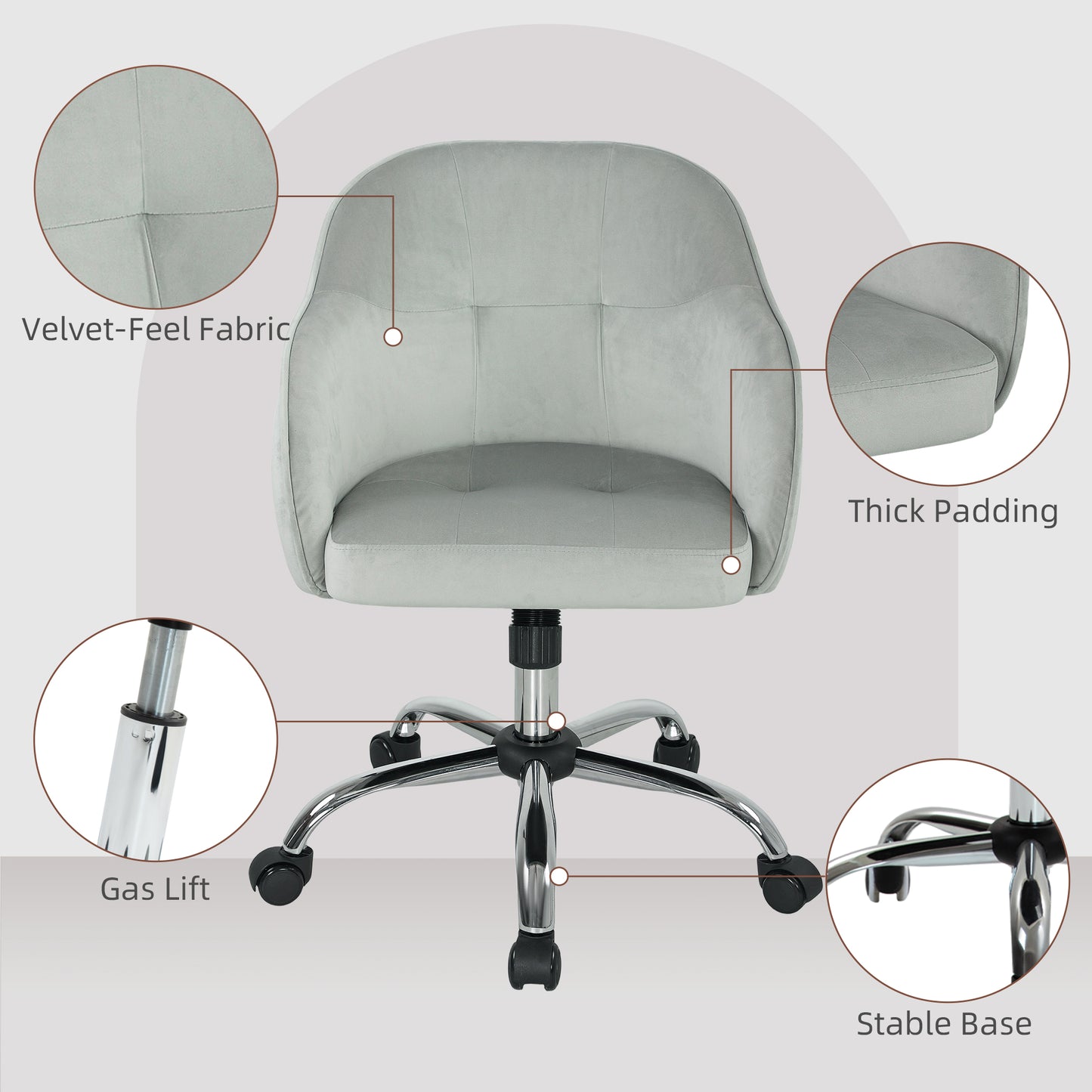 Vanity Chair for Desk, with Height Adjustable, Wheels, Grey