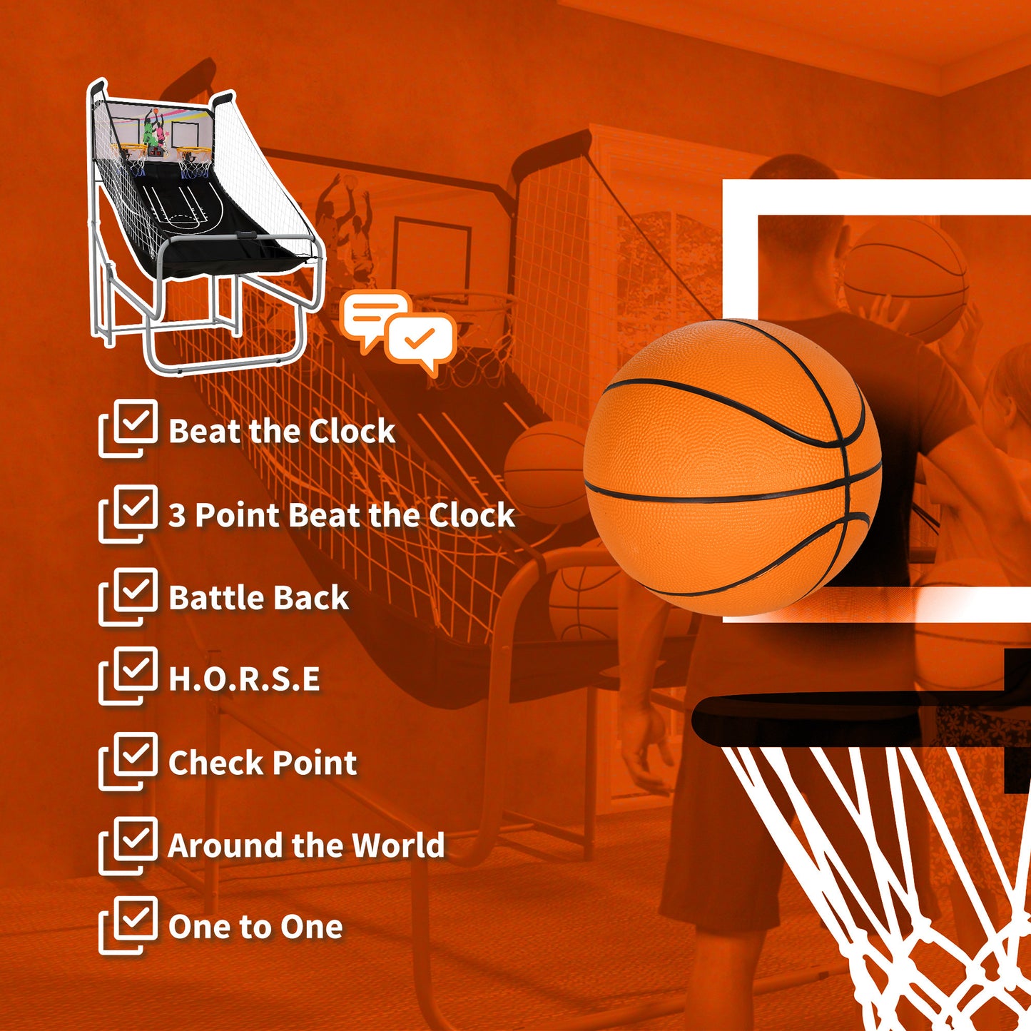 Basketball Arcade Game with Double Hoops, Electronic Scorer