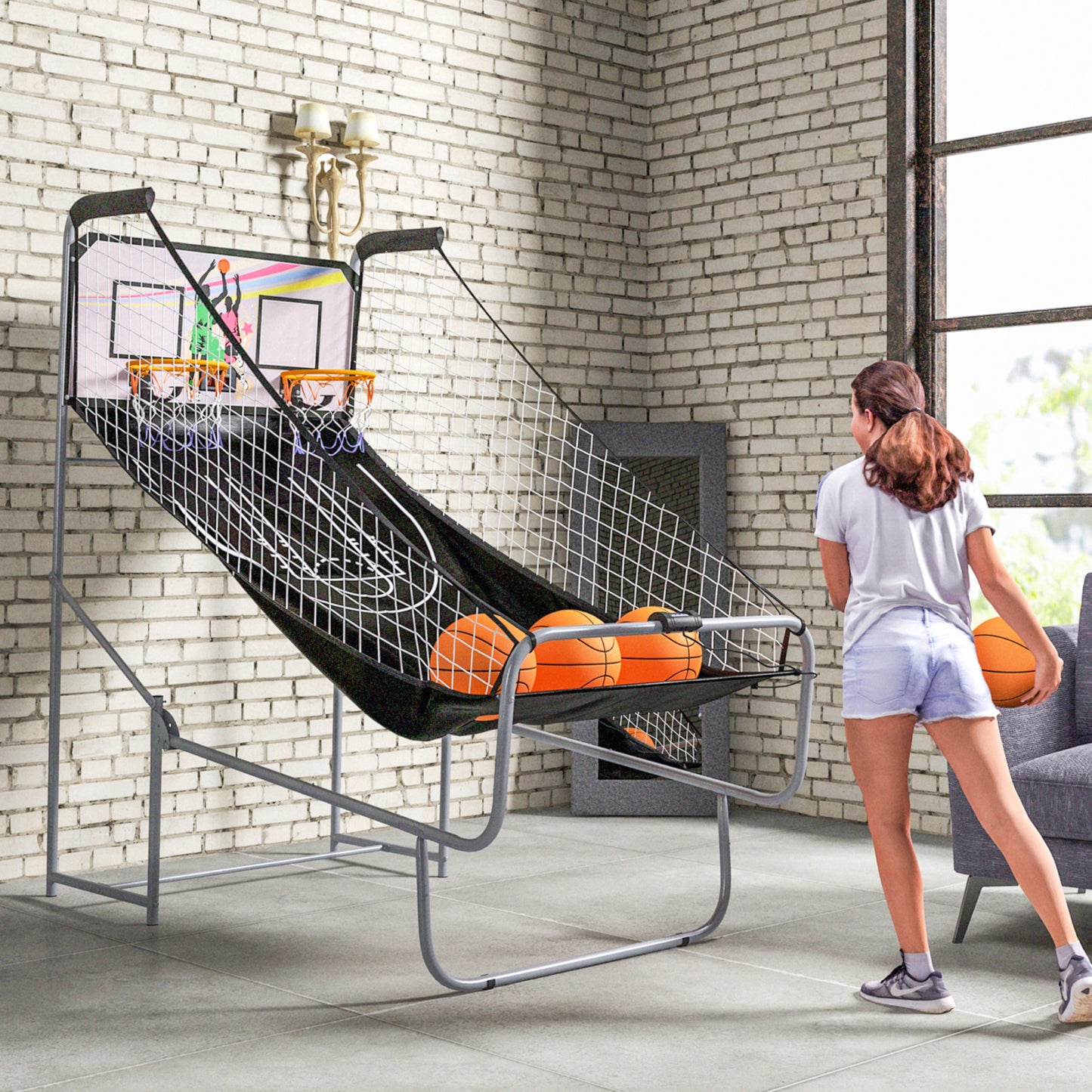 Basketball Arcade Game with Double Hoops, Electronic Scorer