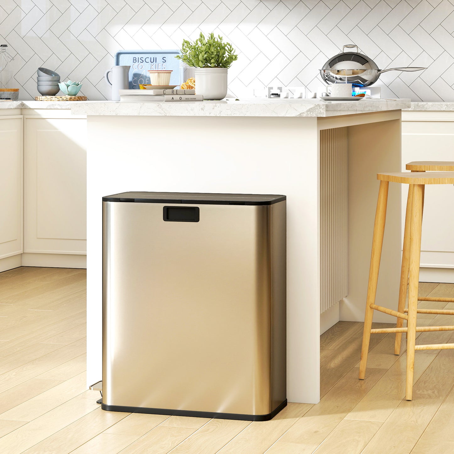 56L Dual Kitchen Bin with Removable Inner Buckets for Recycling and Waste