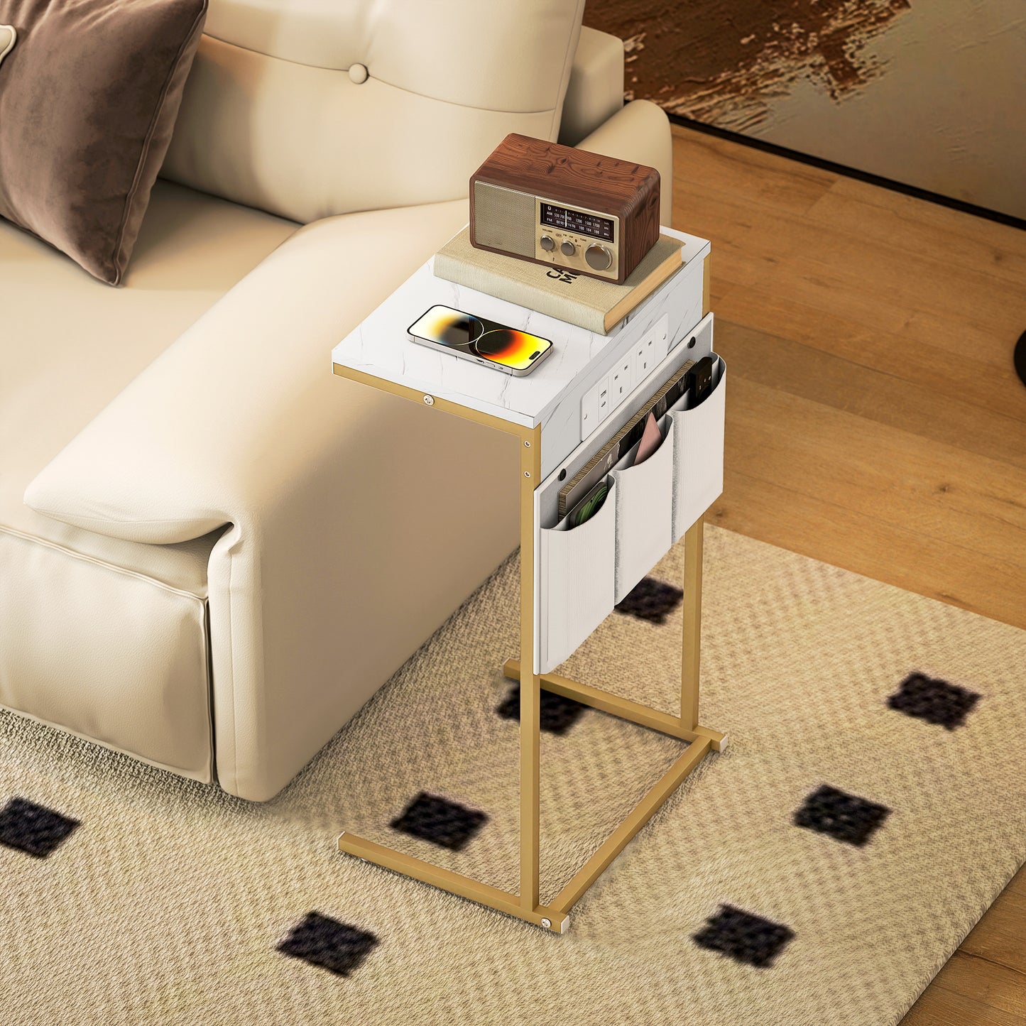 C-Shaped Side Table with Charging Station, Modern Bedside Table