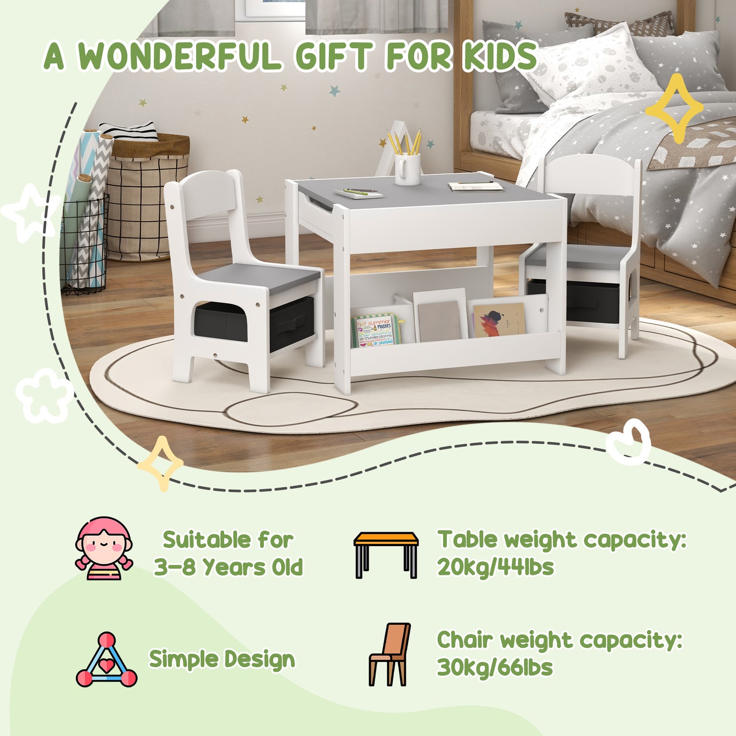 3-Piece Kids Table and Chair Set for Nursery, Playroom, Classroom