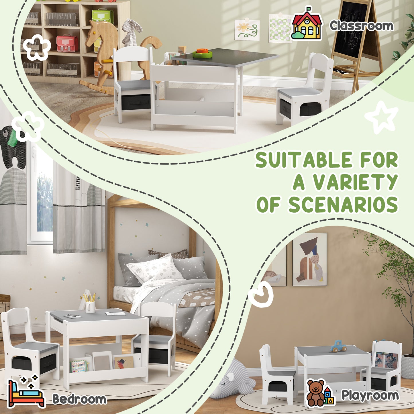 3-Piece Kids Table and Chair Set for Nursery, Playroom, Classroom