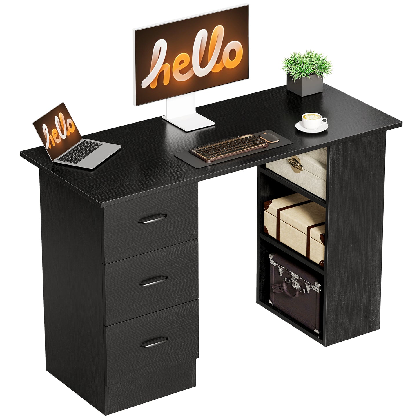 120cm PC Table Workstation Computer Desk w/ Drawers, 3 Shelves Black